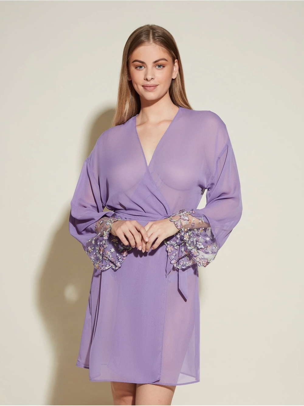 NWT Cosabella Abri Robe Sheer Lavender Floral-Trim Robe Himalayan Sky Size S